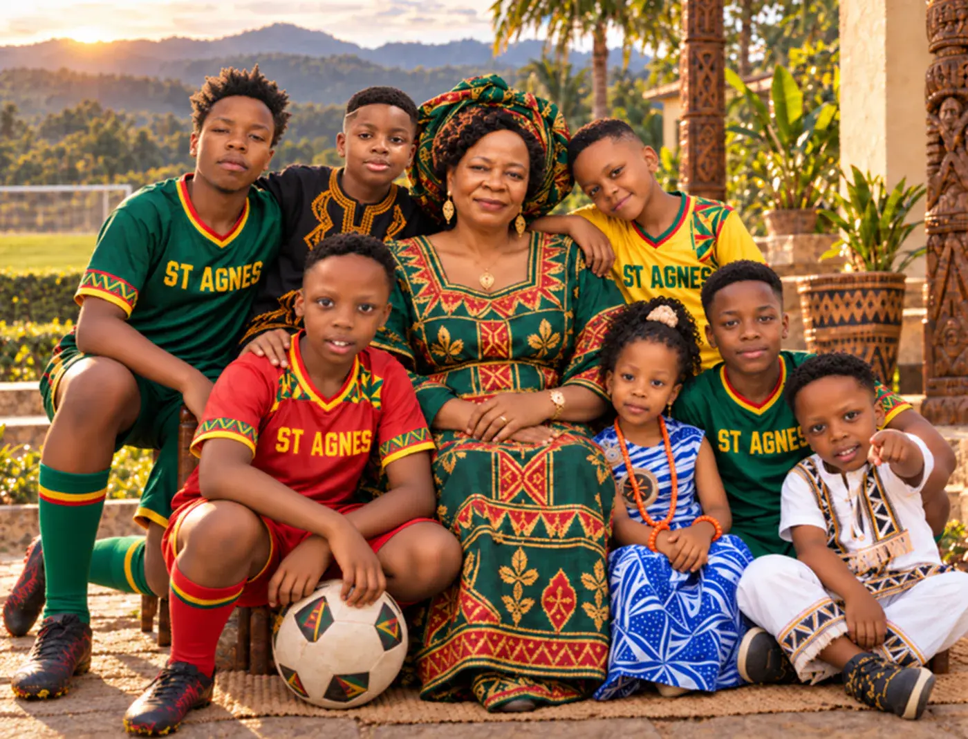 Grandma Agnes surrounded by her seven grandchildren in ST AGNES football jerseys and traditional Cameroonian attire